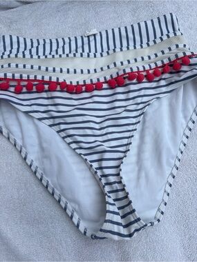 Girls Navy Stripe Bikini Bottoms with Red Pom Trim -